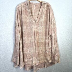 Free People Fearless Love Top Womens Sz M Pink Plaid Gauze Bell Sleeve Oversized